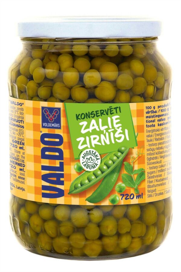 konserveeritud rohelised herned 'VALDO' 720 ml (klaas)